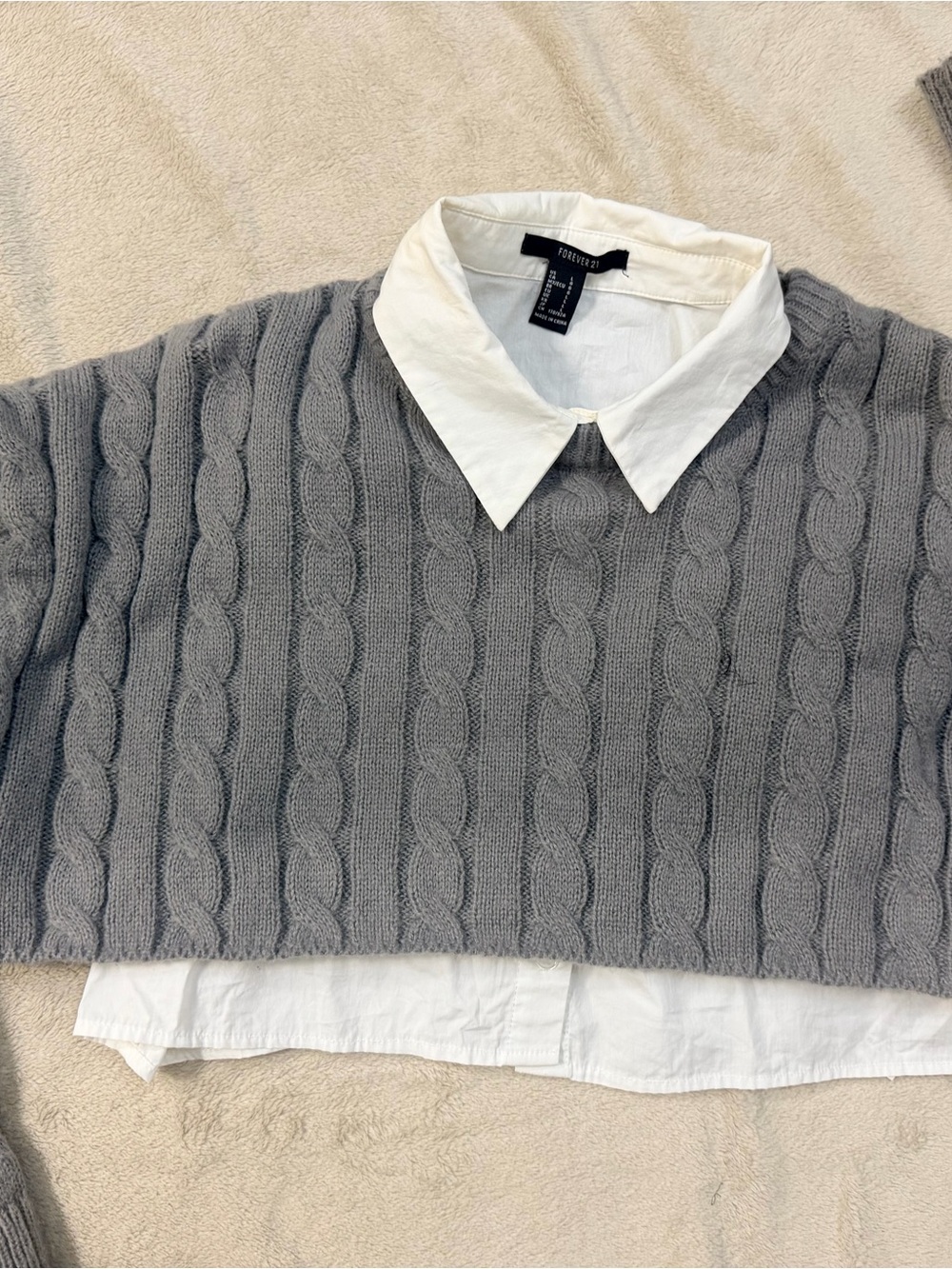 Forever 21 Grey Cable Knit Sweater with White Shirt Collar